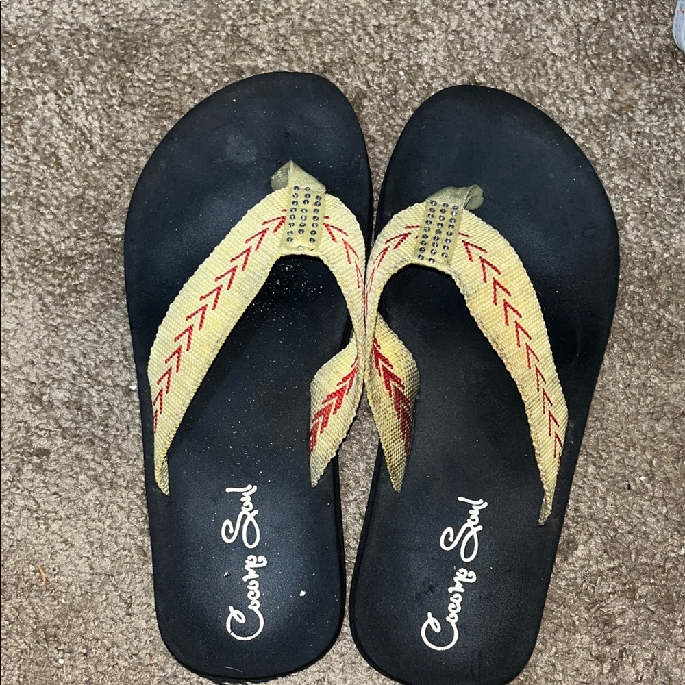 Coconuts by Matisse Black and Tan Sandals with Red Accents